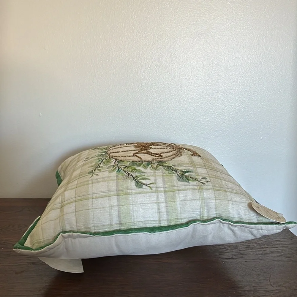 HP-NWT 16x16 Soft Green & Cream Plaid- Blessed Beaded Pumpkin Decorative Pillow